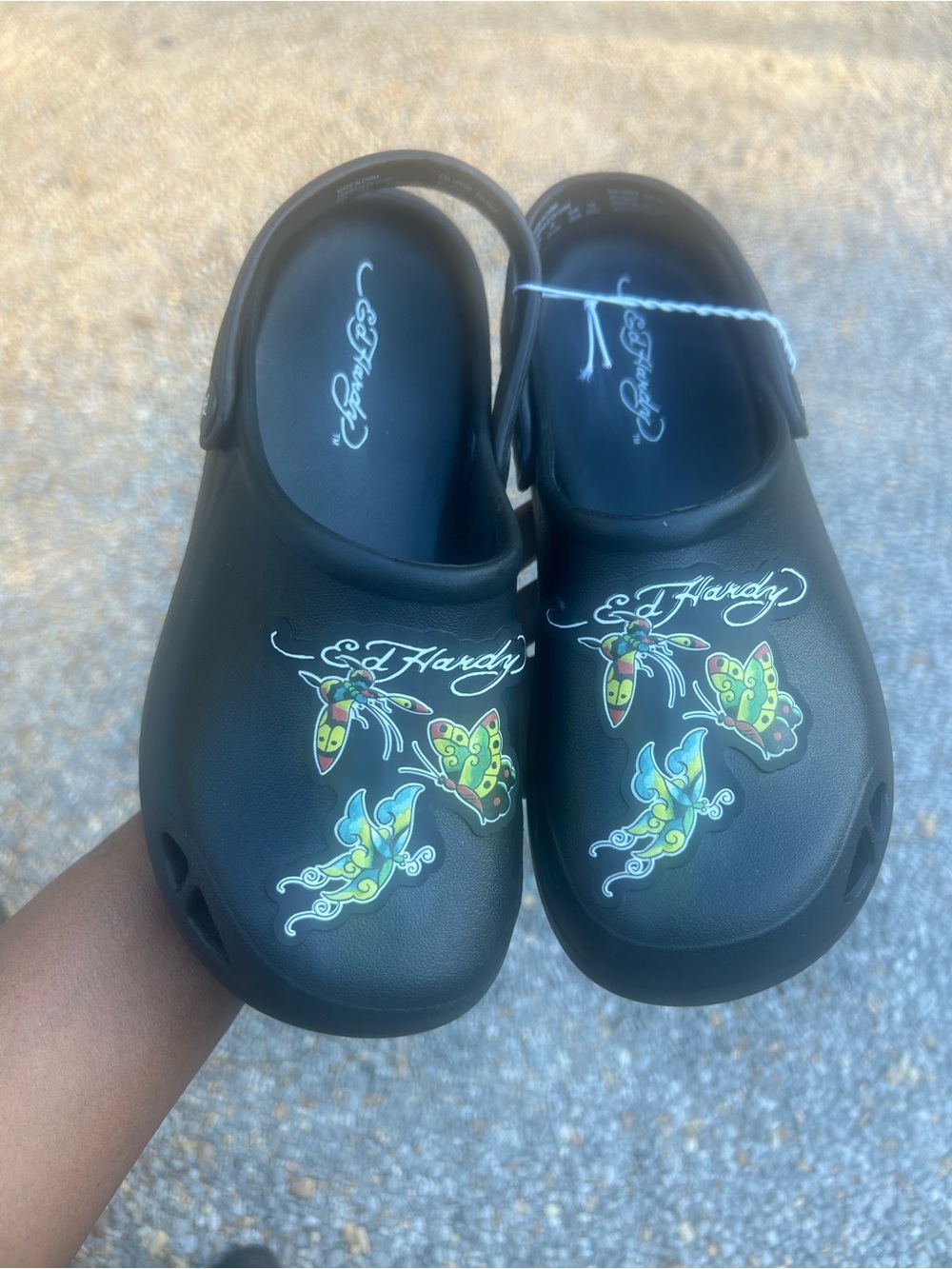 Ed Hardy Kids Black Clog Sandals with Colorful Butterfly Tattoos